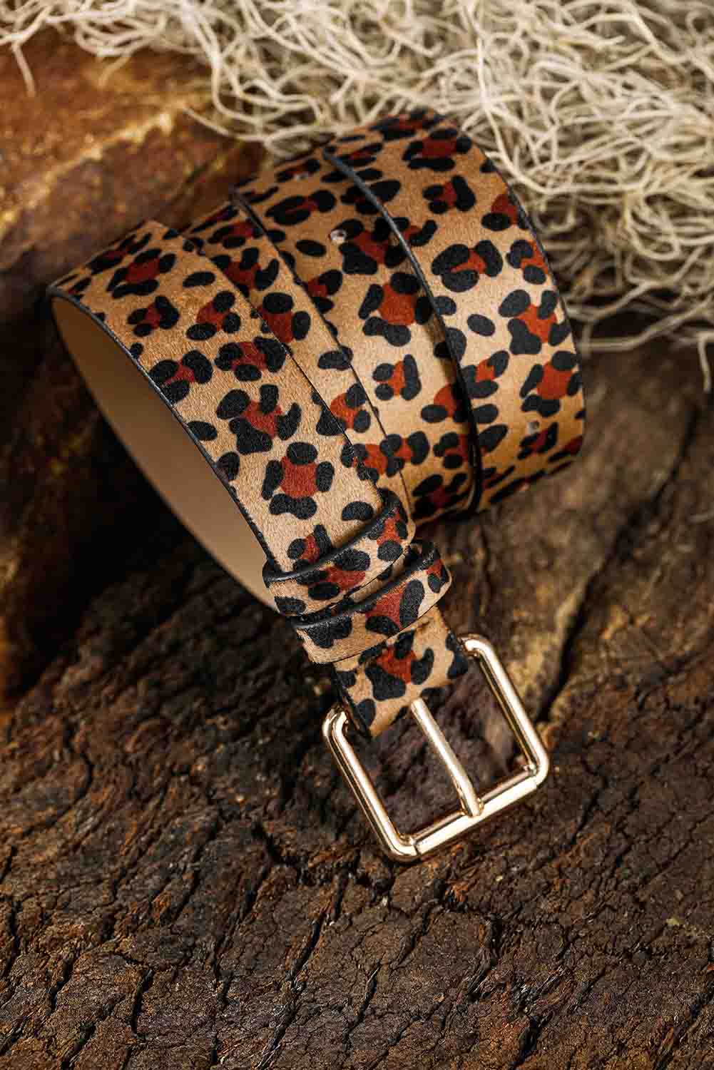 Camel Western Leopard Print PU Leather Wide Waist Belt