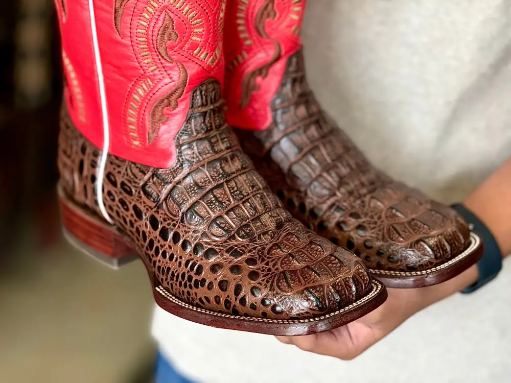 Men’s Brown Crocodile Leather Boots With Red Shaft