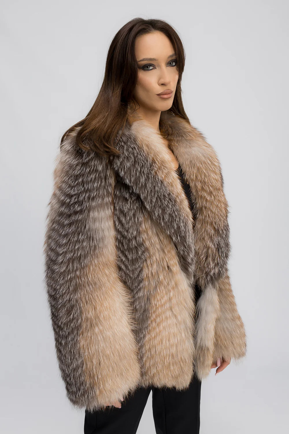 Haină din Blană Naturală de Vulpe, cu Guler Rever, Femei, Nordic Amber 465