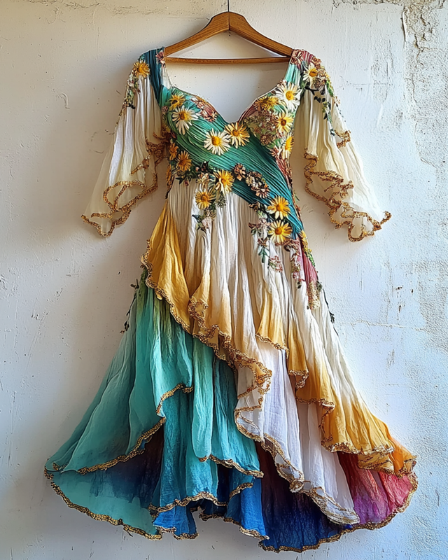 Gilded Ruffled Daisy Embroidery Gradient Irregular Dress e6fd