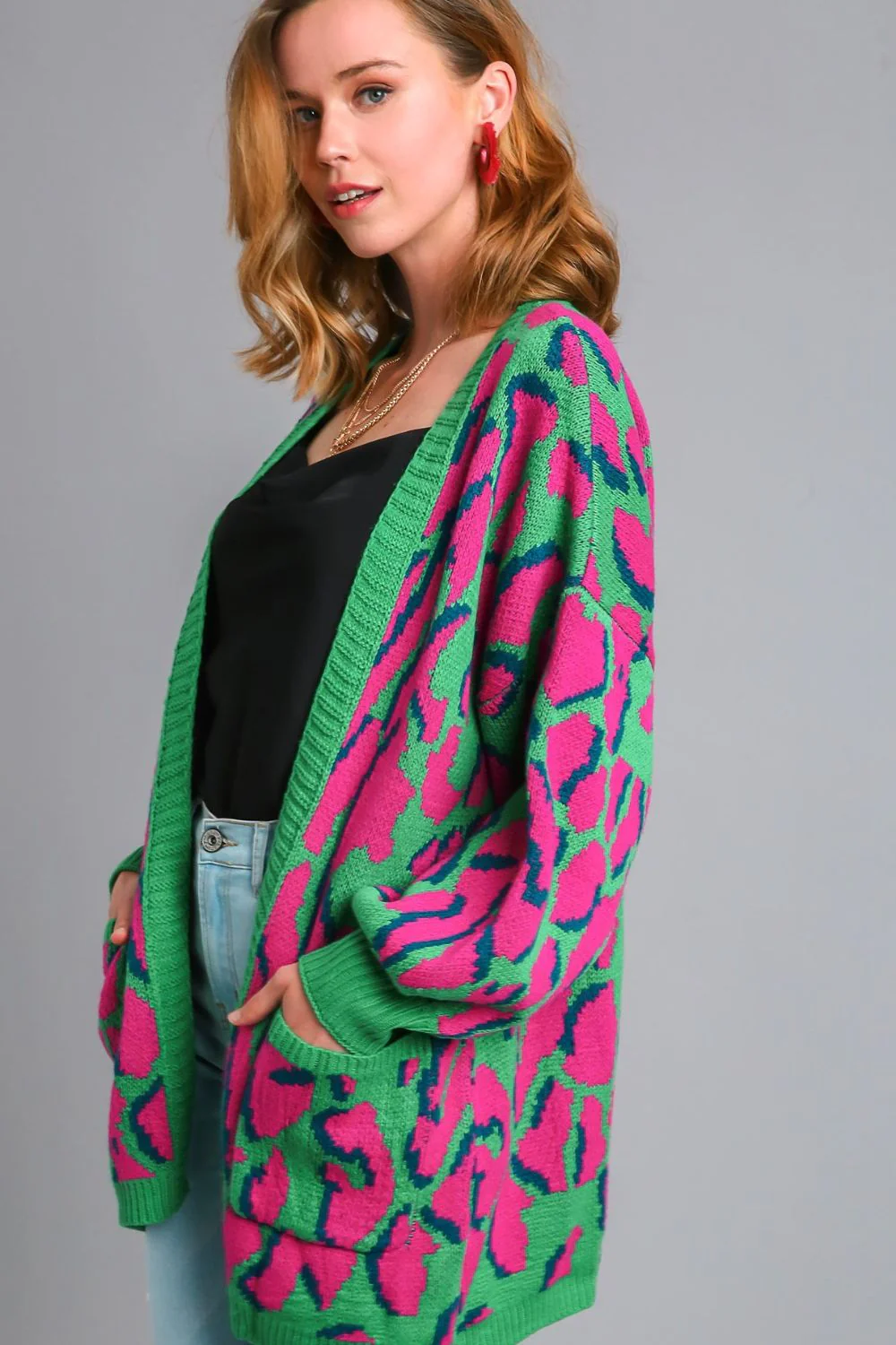 Elegant Animal Print Open Front Cardigan with Side Pockets Plus Size