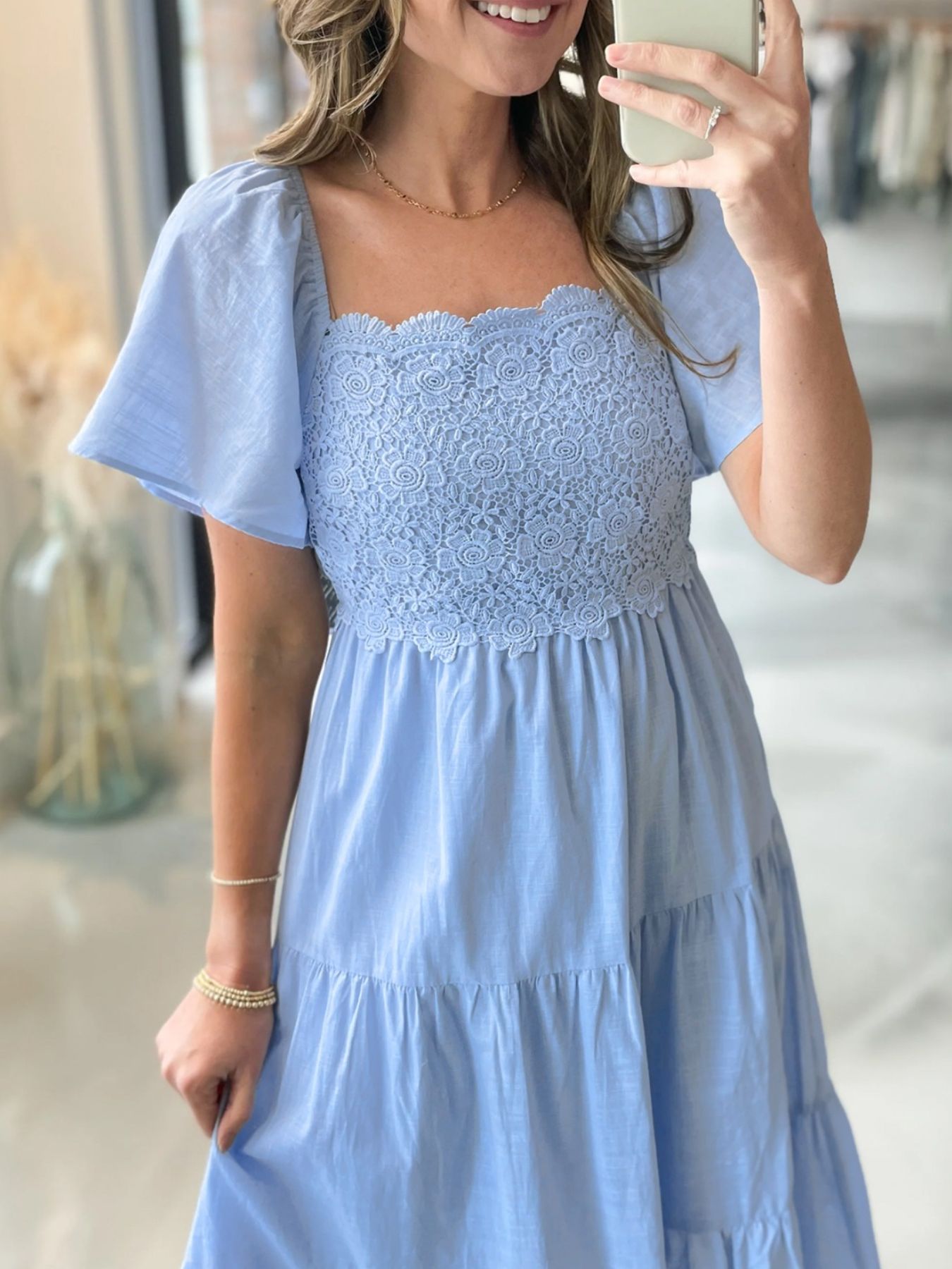 Lace Short Sleeve Tiered Midi Dress