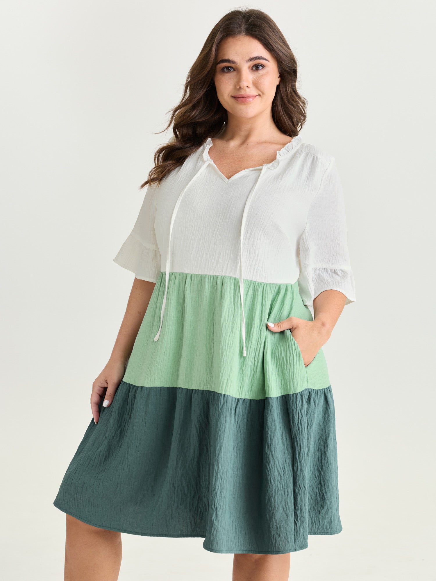 Colorblock Drawstring Neckline Tiered Mini Dress