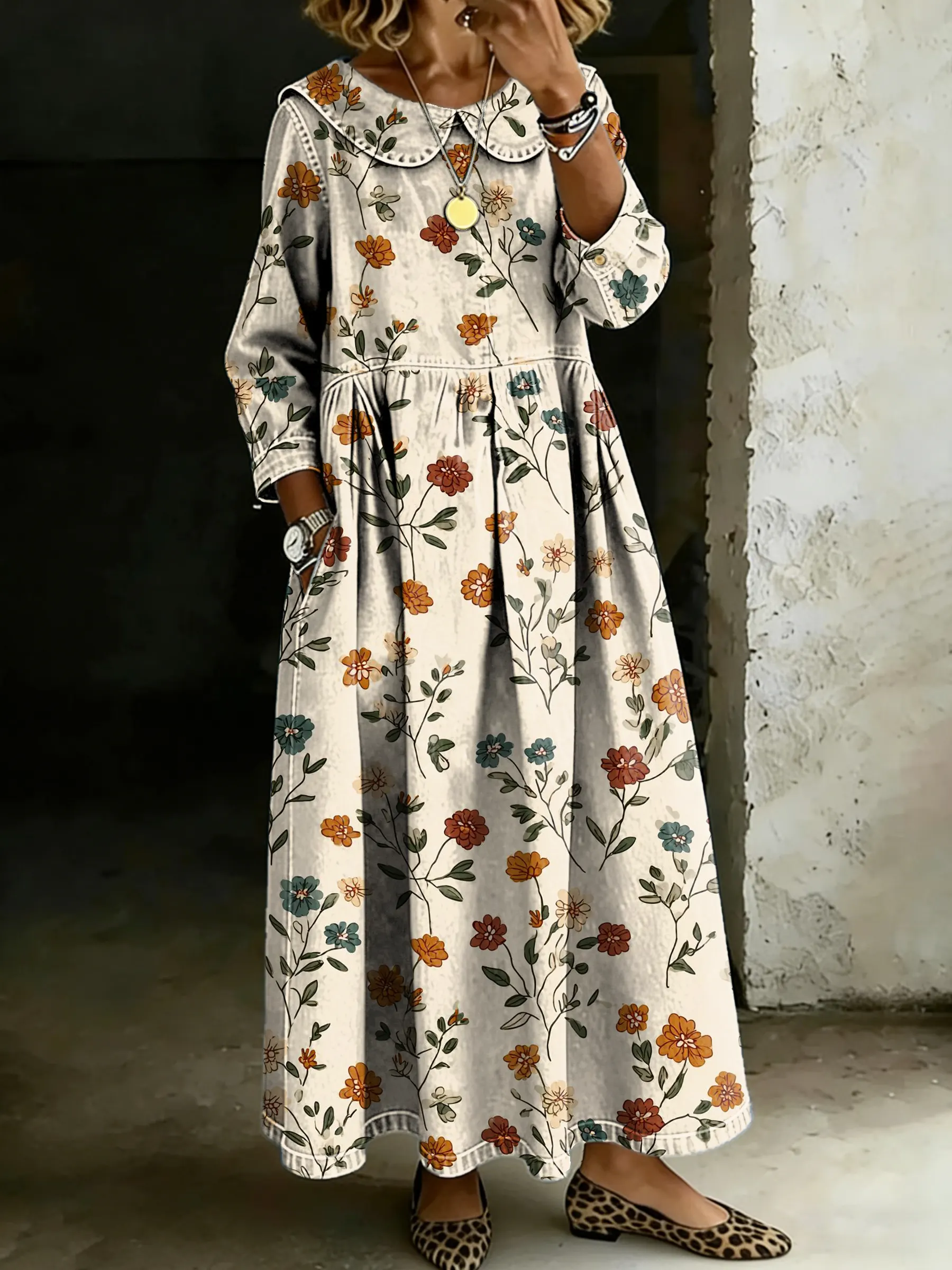 Women's Retro Floral Splicing Long-sleeved Loose-fitting Casual Denim Dress