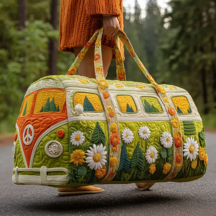 🌼🚌 Forest Daisy Peace Van Quilted Duffle Bag – Retro Boho Travel & Weekender Bag ✌️✨