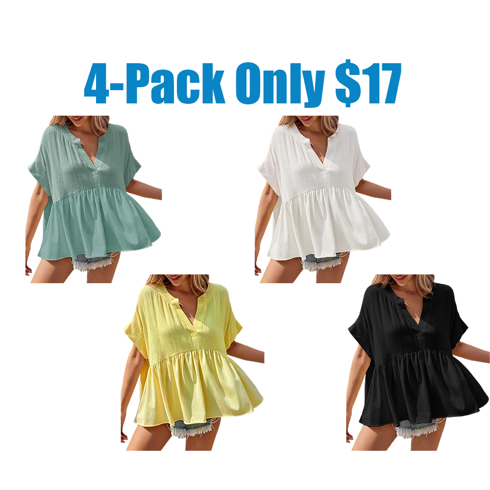 Womens Summer Babydoll Tops V Neck Short Sleeve Pleated Flowy Shirts Casual Loose Fit Peplum Blouse