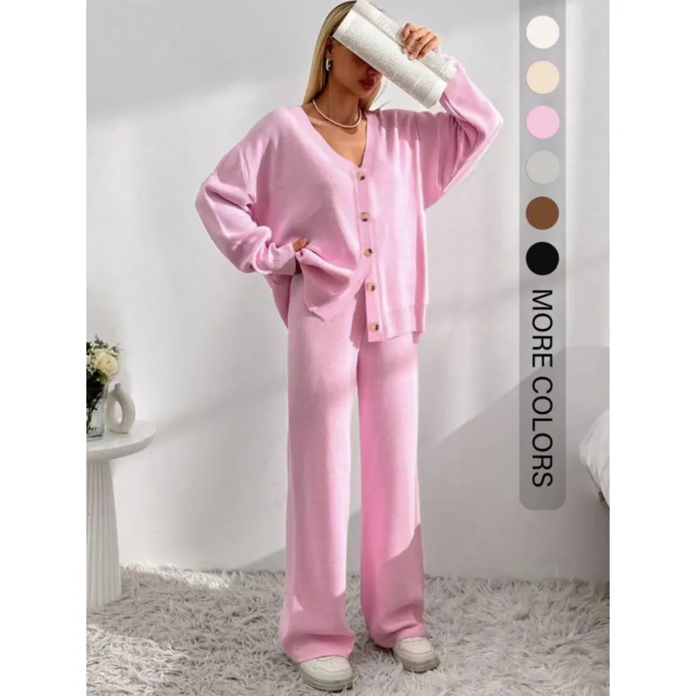 Women's Button Front V-Neck Cardigan & Wide Leg Pants Set