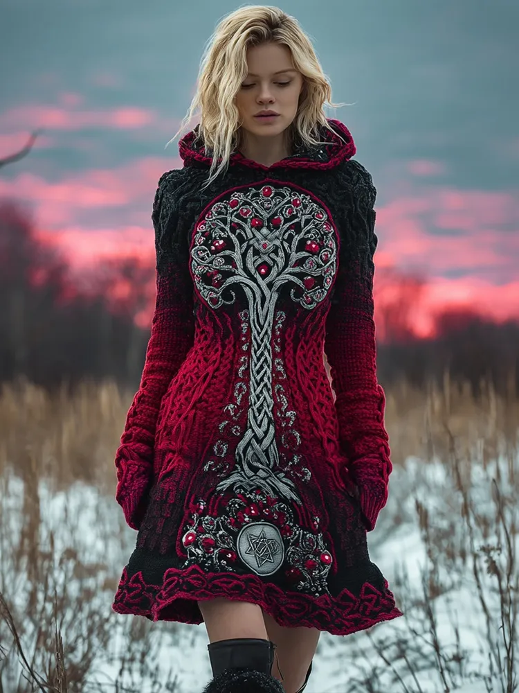 Viking Tree Of Life Pattern Gradient Hooded Sweater Dress
