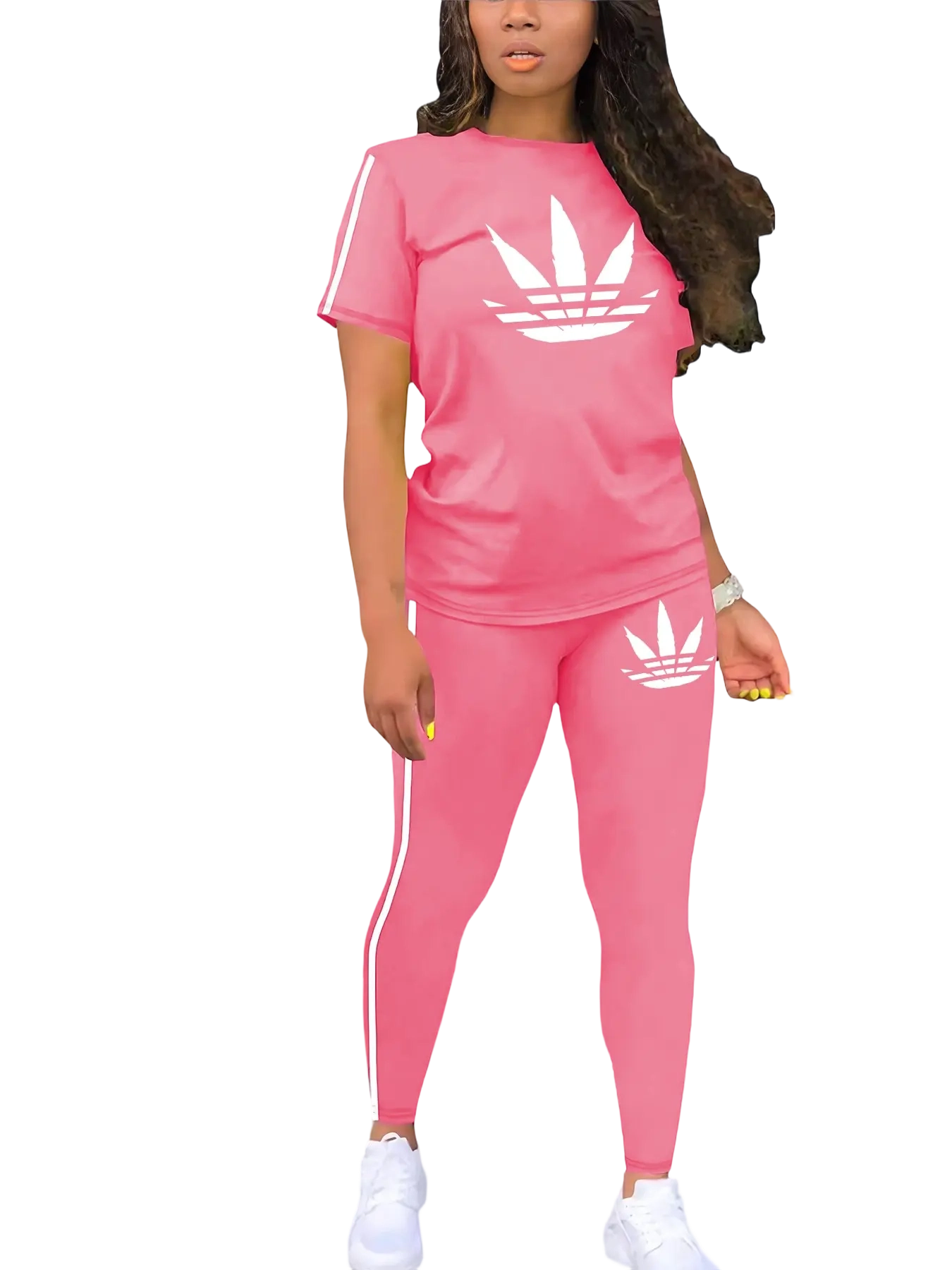 Women's Printed Casual Sporty Round Neck Drawstring Short Sleeve and Long Pants Two-Piece Set