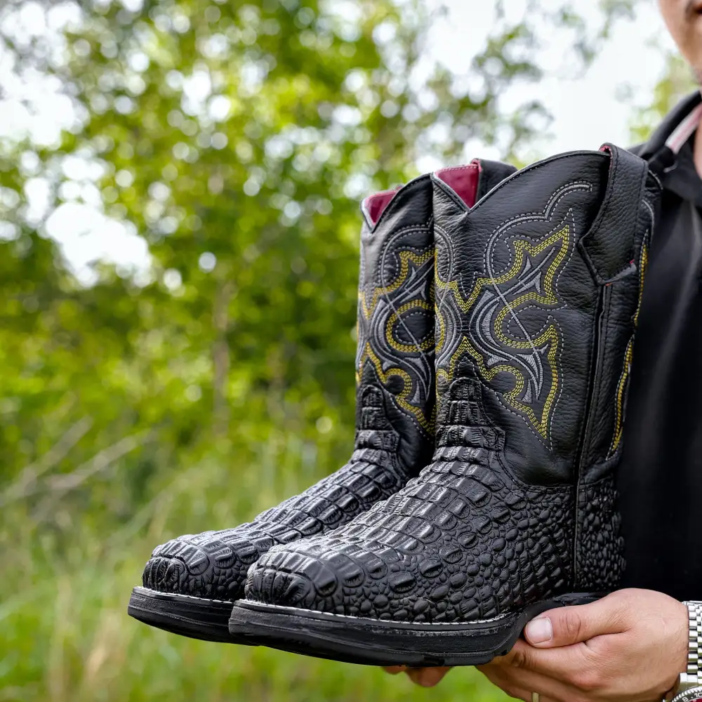 Black Caiman Hornback Leather Boots With 3D Lightweight BLACK EDITION Sole - Composite Toe