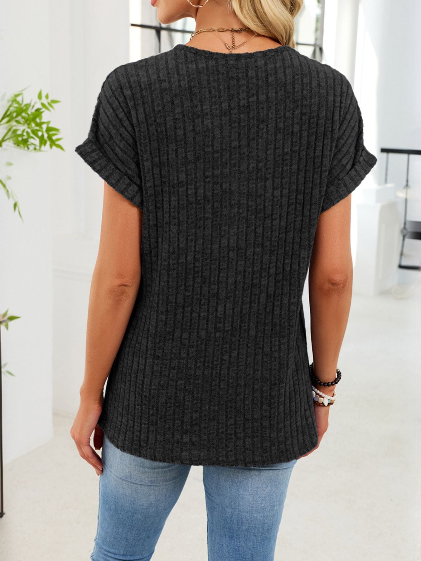 Ribbed Knit V-Neck T-Shirt