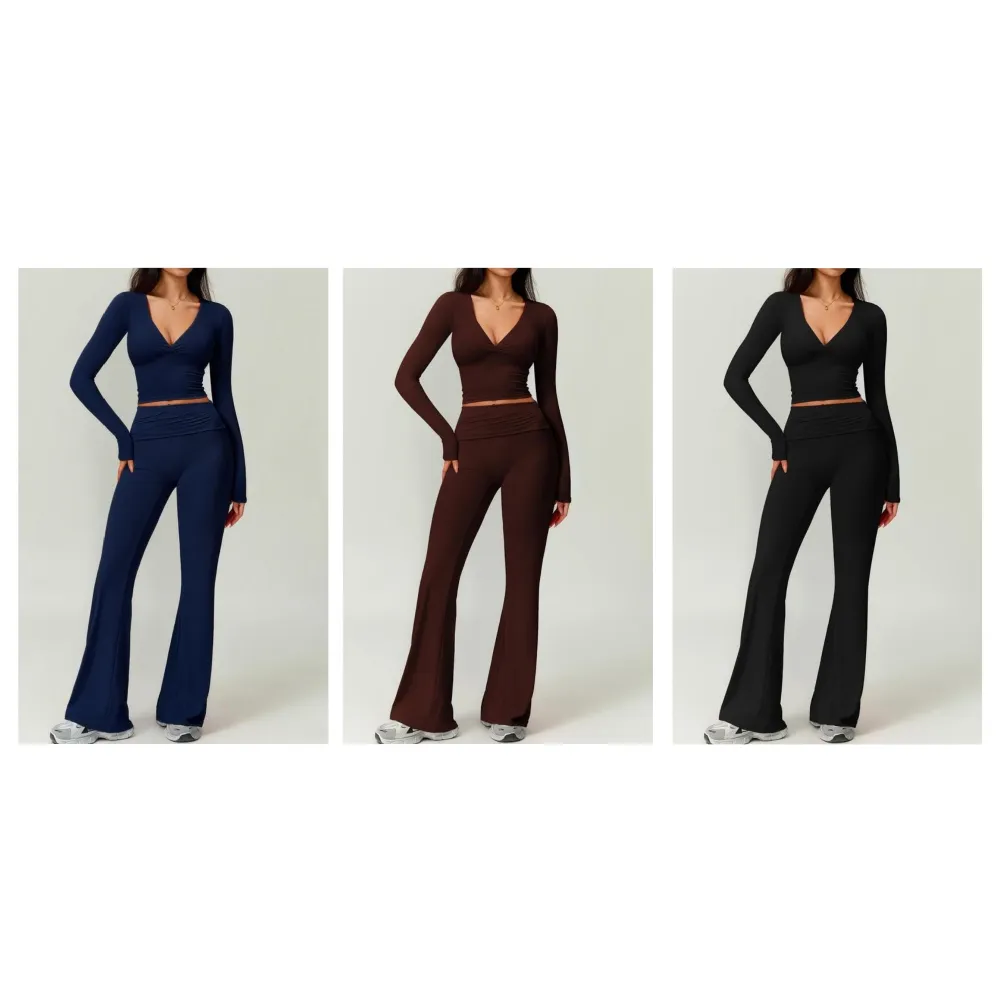 Women's High Elastic Soft V-Collar Flared Pants Set