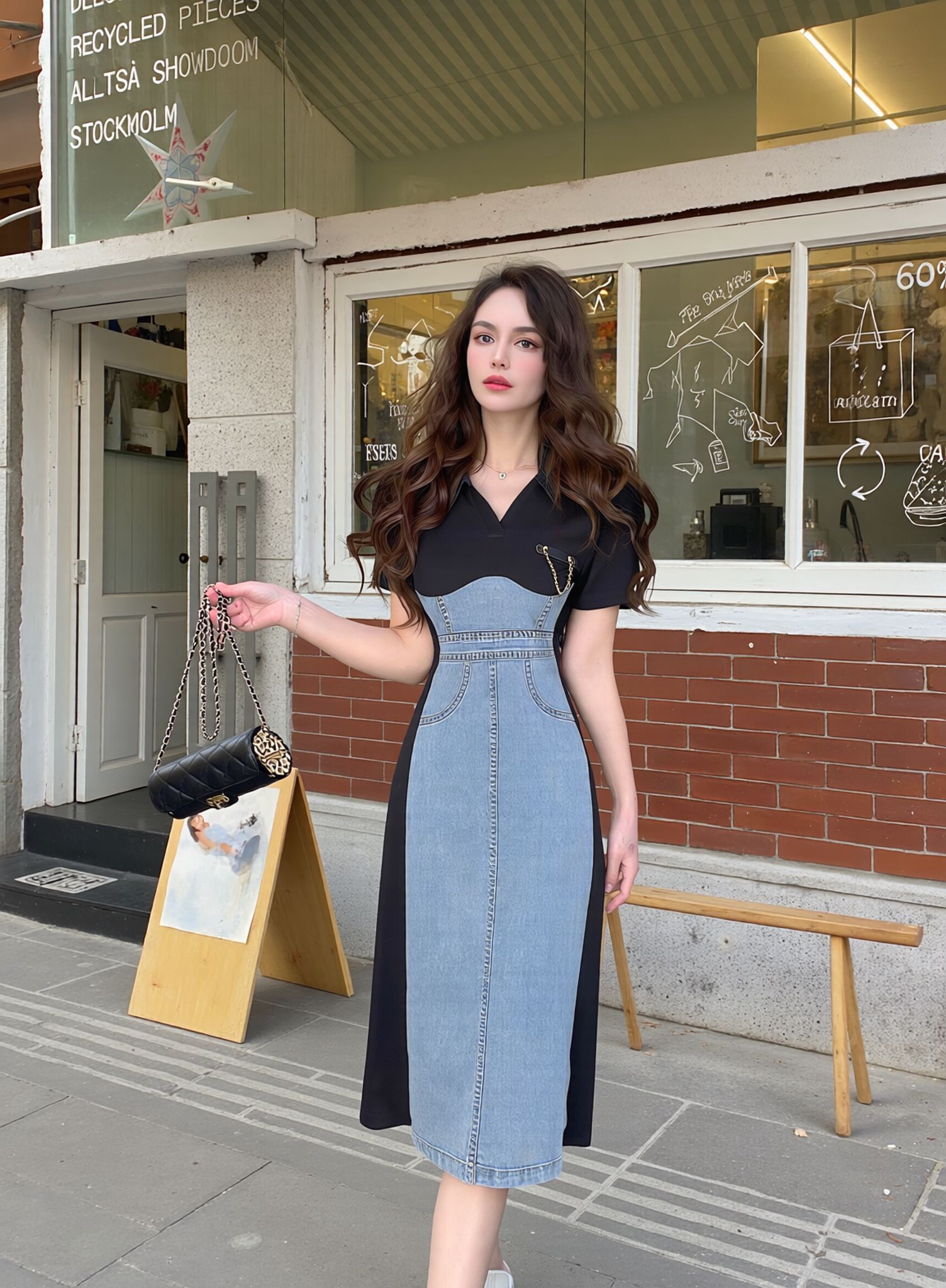 Full Size Color Block Denim Patchwork Bodycon Mini Dress Plus Size