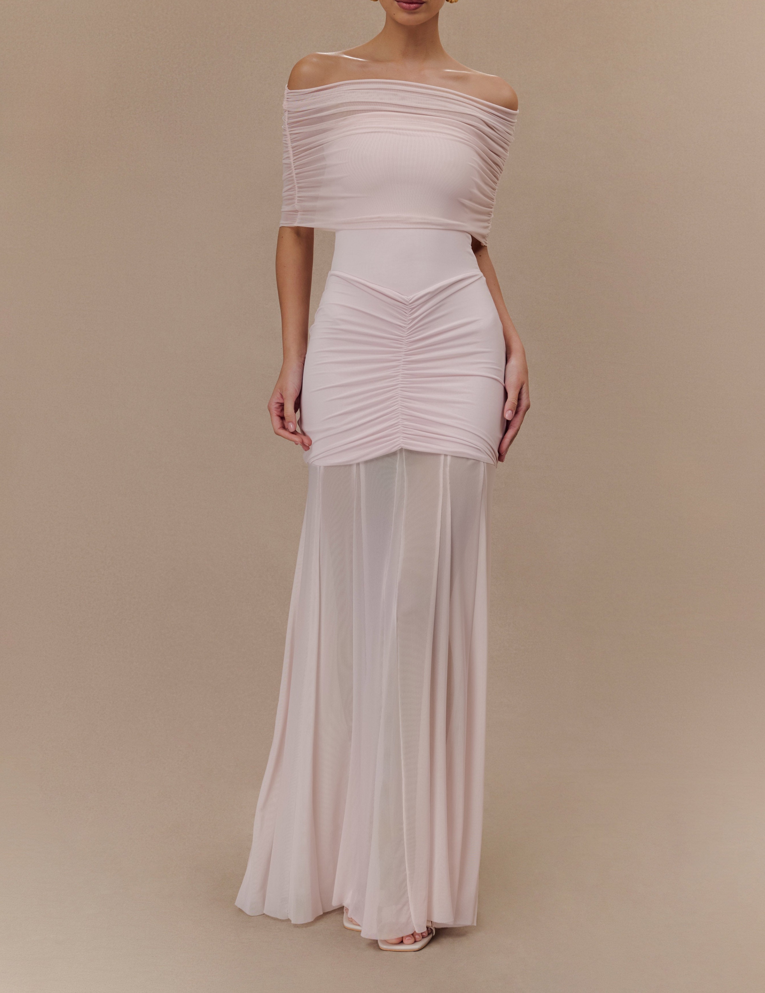 Pink Slinky And Mesh Off Shoulder Maxi Dress