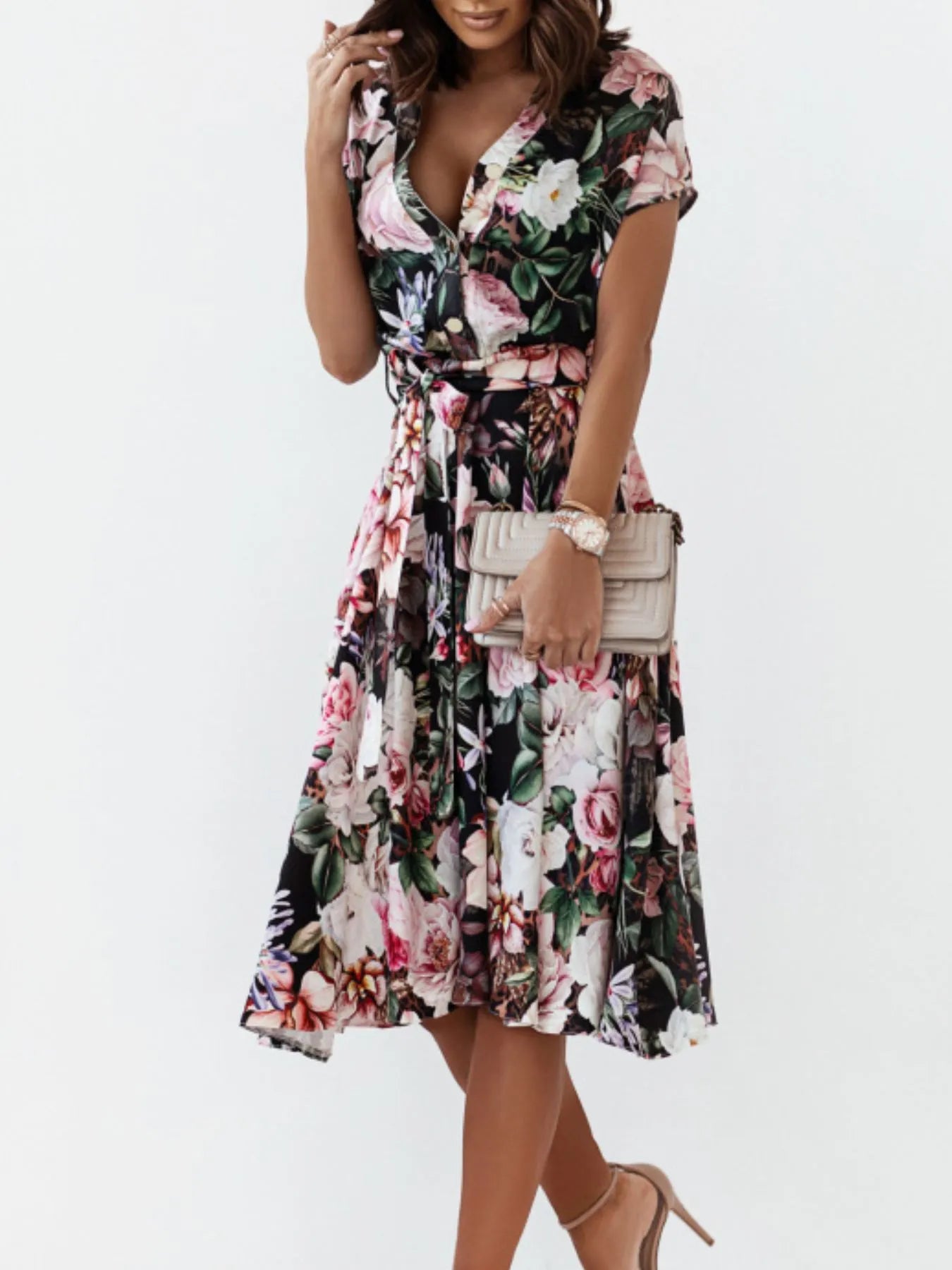 Floral Short Sleeve Midi Dress