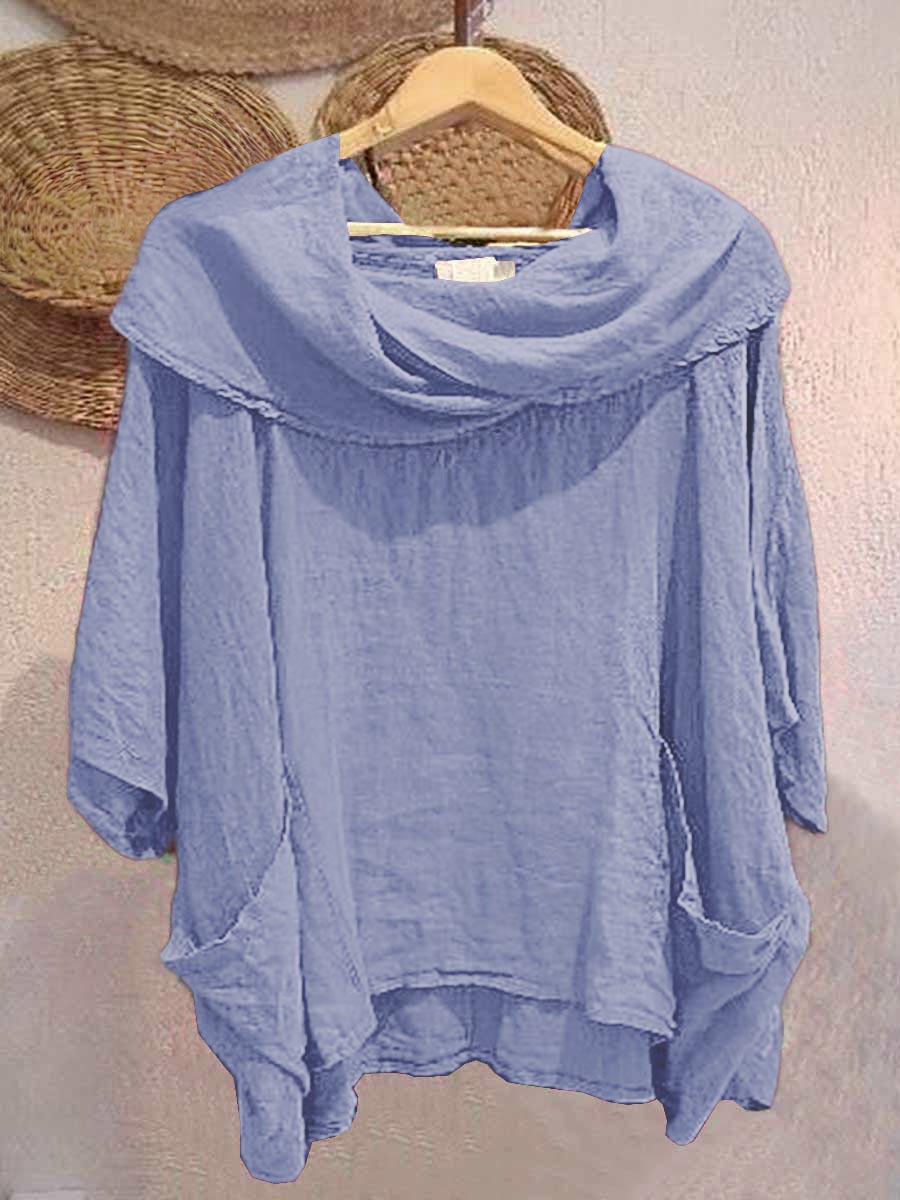 Women's Solid Color Draped Neck 3/4 Sleeve Comfortable Casual Linen Pocket Top