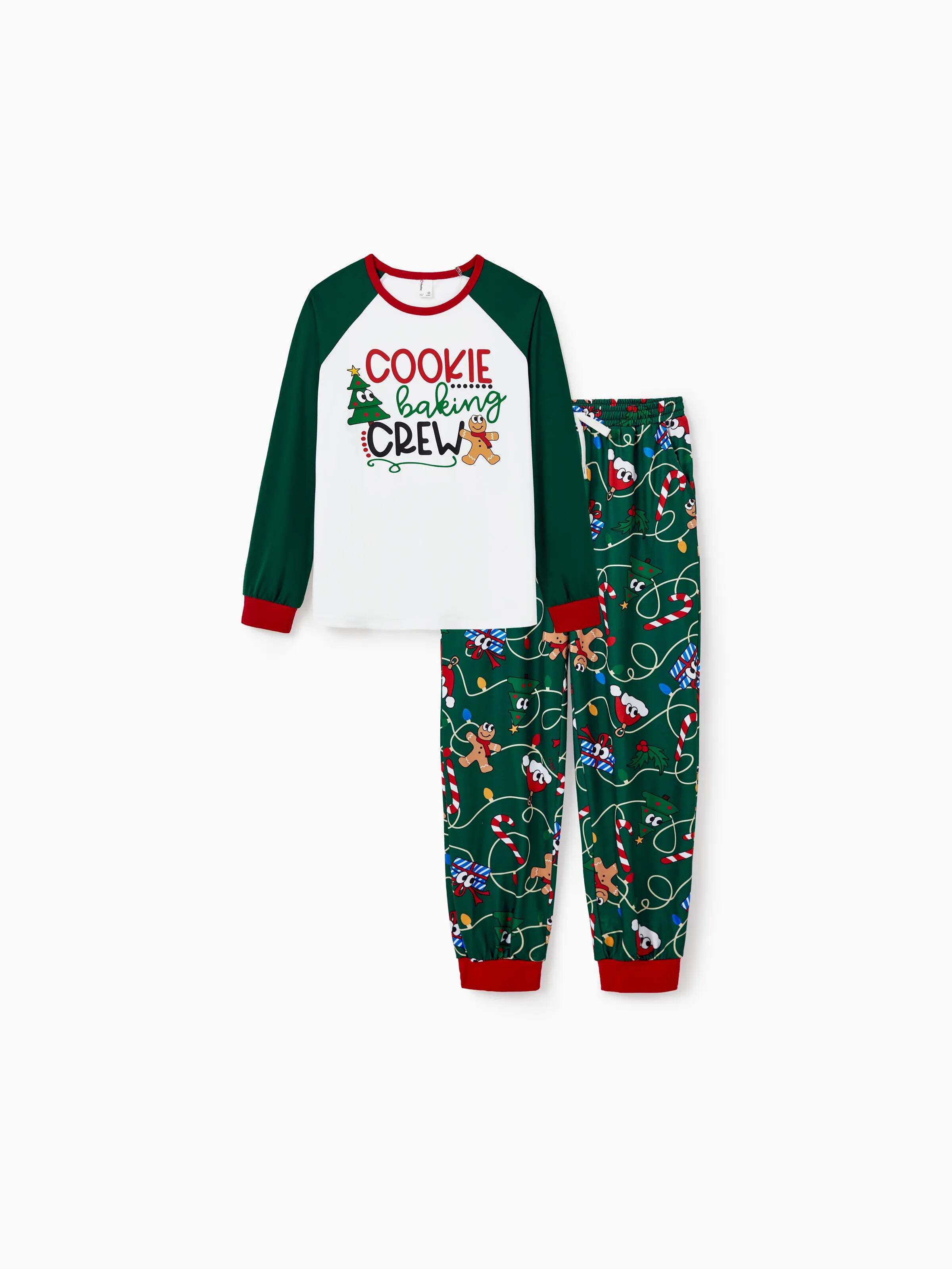 Christmas Matching Family Pajamas Set Gingerbread and Christmas Tree Green and White PJS with Christmas Socks Dark Green