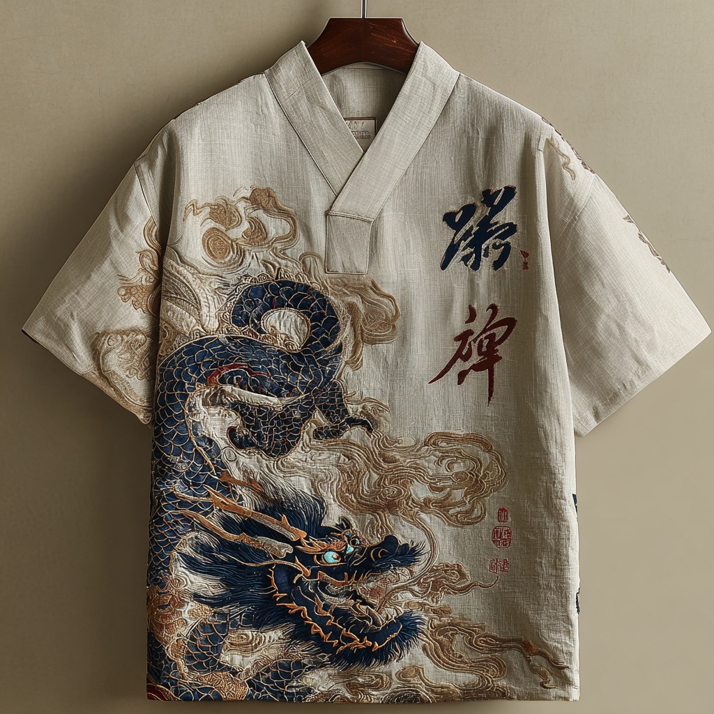 Men's Calligraphy With Dragon Art Print Short Sleeve Shirt