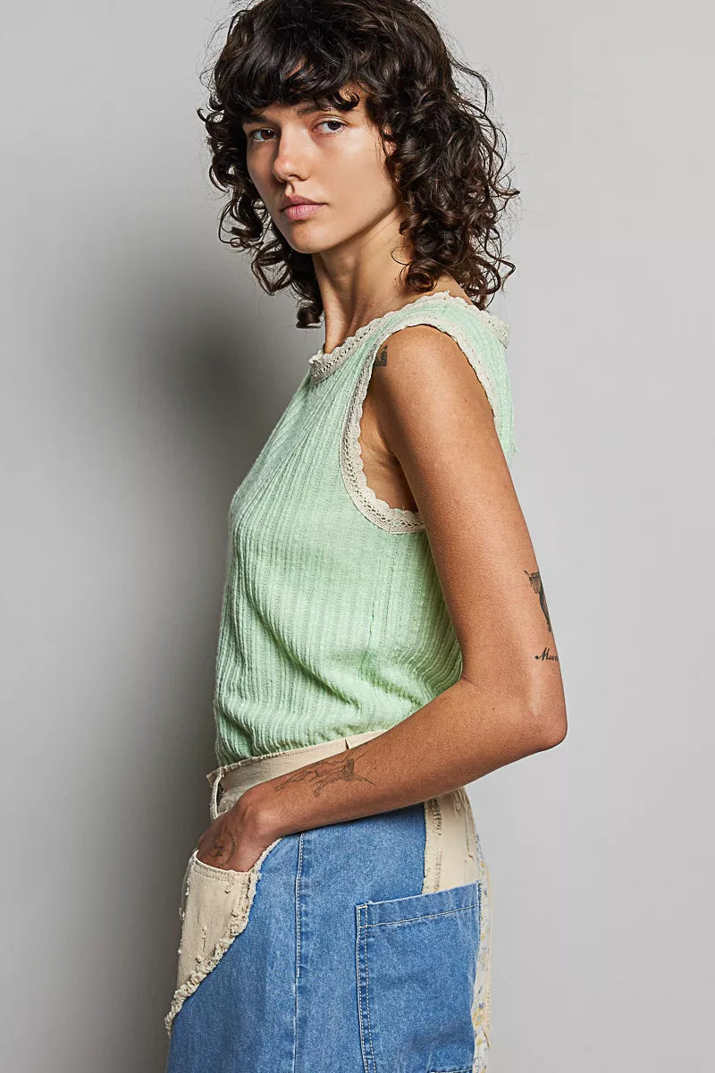 POL Ribbed Round Neck Tank with Lace Trim