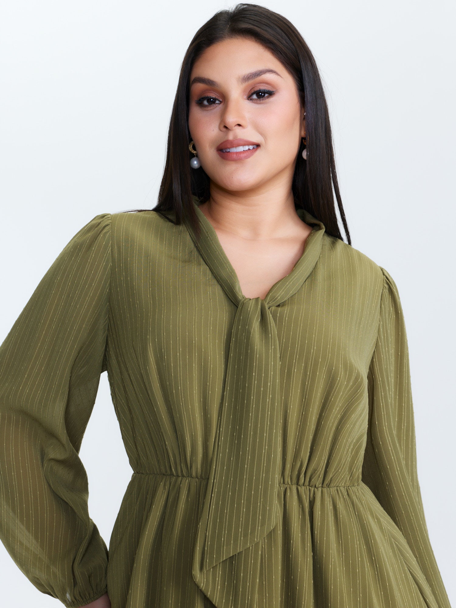 Ribbon Neckline Puffy Sleeve Midi Dress