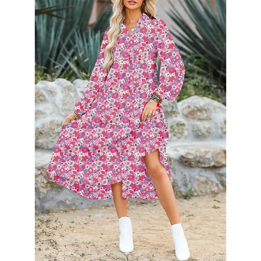 Women's Casual Bohemian Floral Dress 2026 V-Neck Long Puff Sleeve Midi Dress Soft Fabric Comfortable Summer Dress - Womenswear