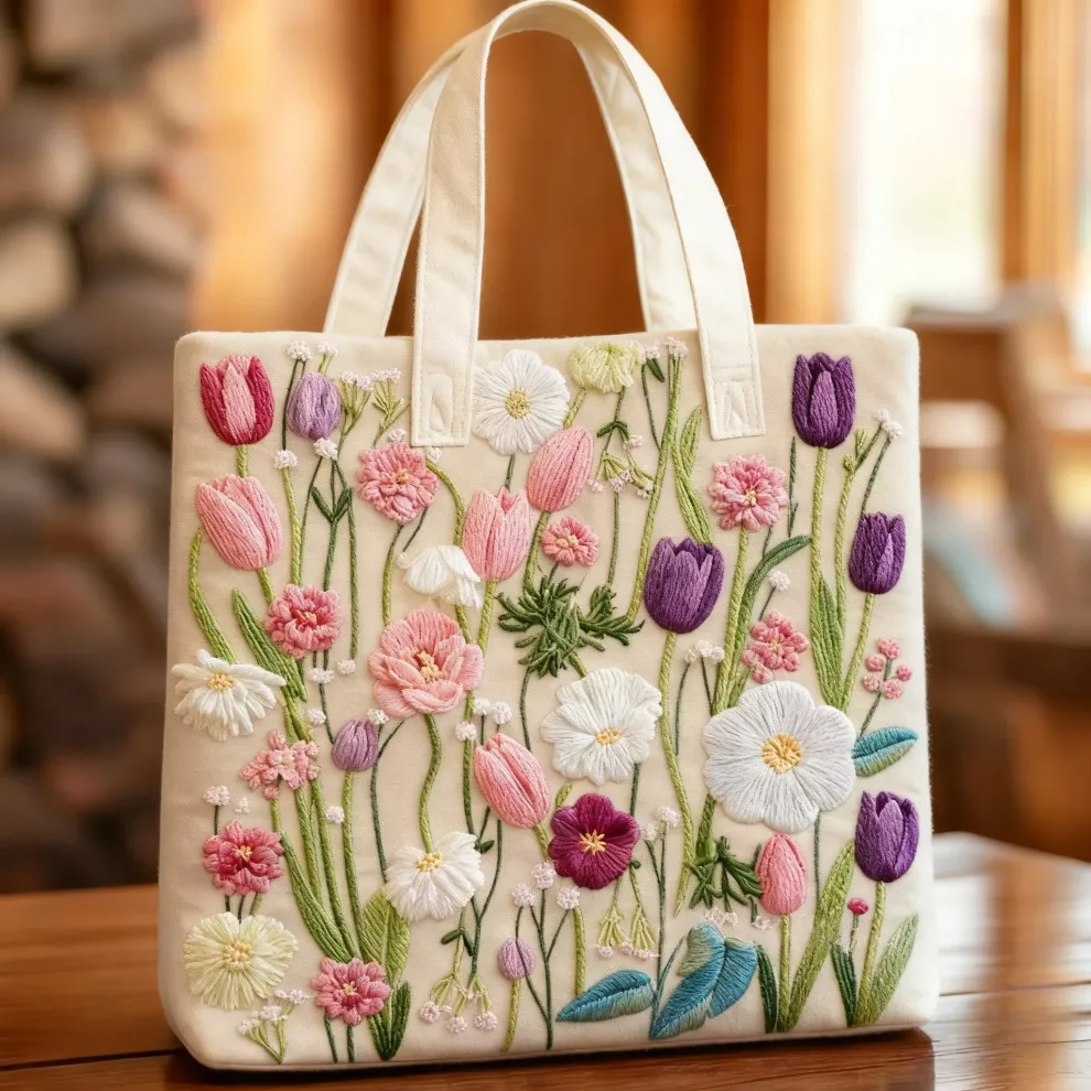 Whispers of Spring – Floral Embroidered Tote Bag