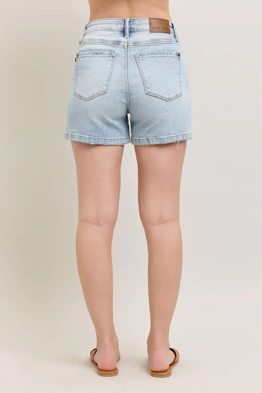 Frayed Hem High Rise Denim Shorts with Pockets