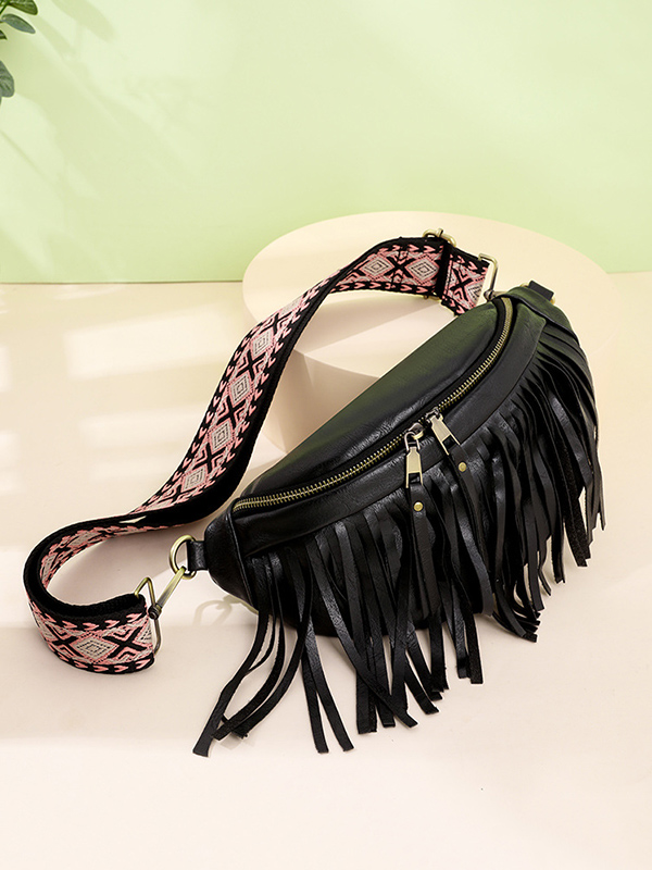 Geometric Tasseled Zipper Crossbody Bags