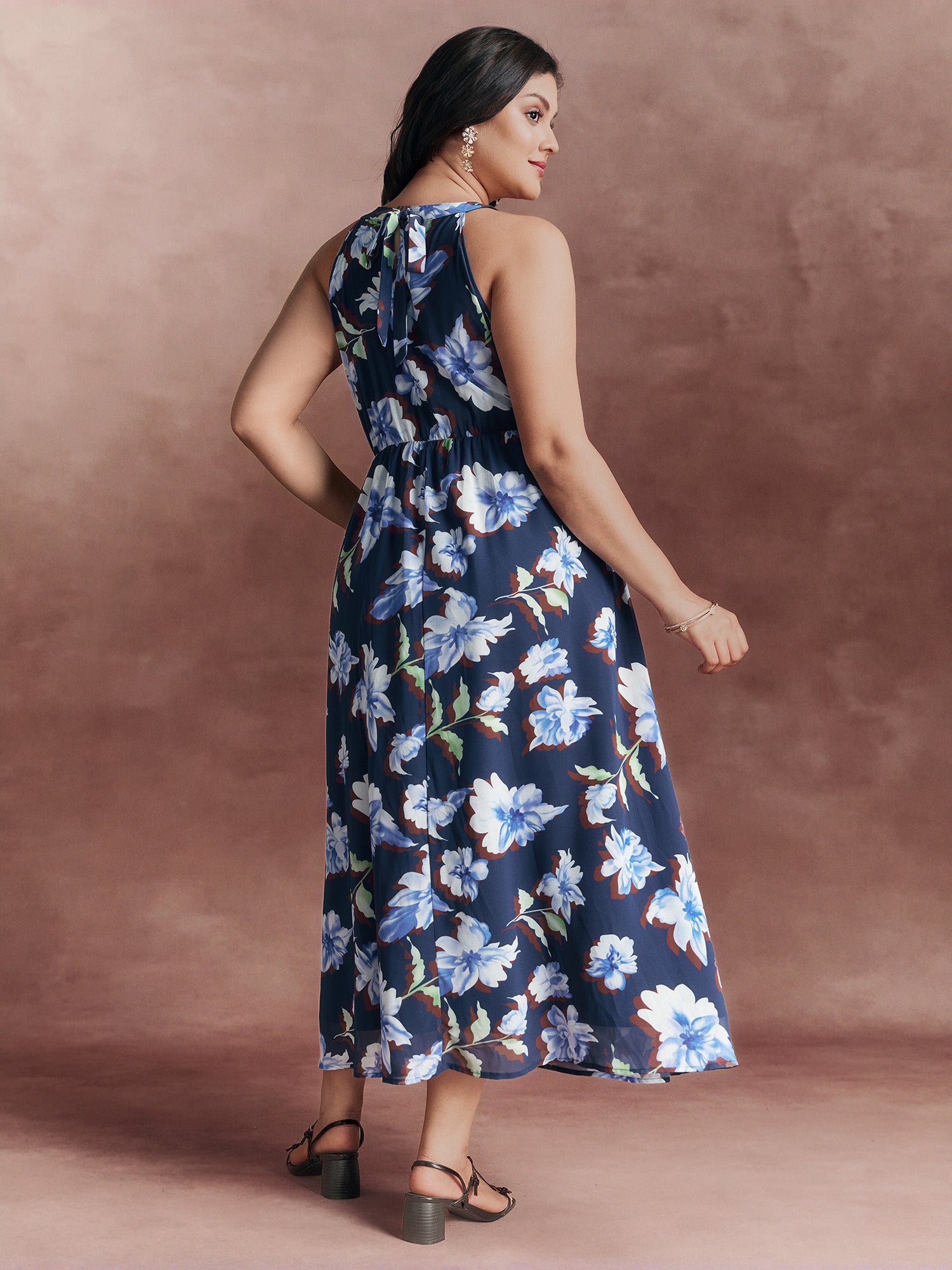 Floral Print Halter Neck Slit Maxi Dress