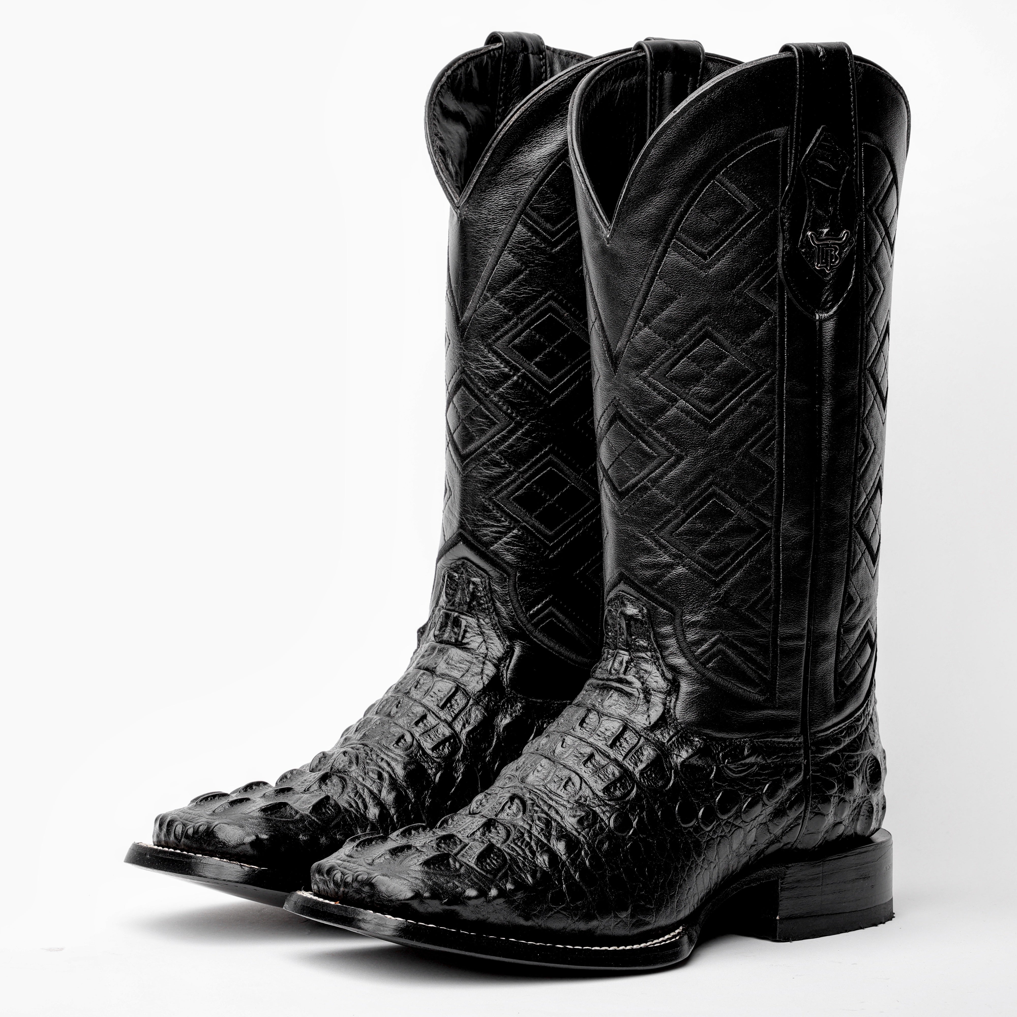TOTAL BLACK Caiman Neck Leather Boots - Square Toe