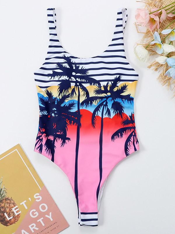Floral Printed U-Neck Backless One-Piece Swimwear