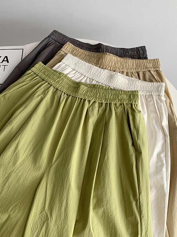 Elasticity Pleated Solid Color Split-Joint High Waisted Loose Trousers Pants