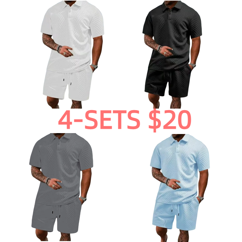 Men's summer casual texture fabric solid color polo shirt T-shirt shorts 2-piece set