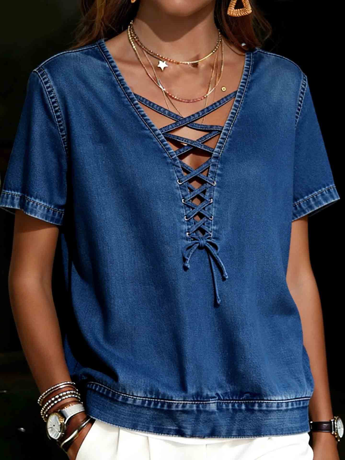 Women's Denim V-neck Crisscross Tie Top