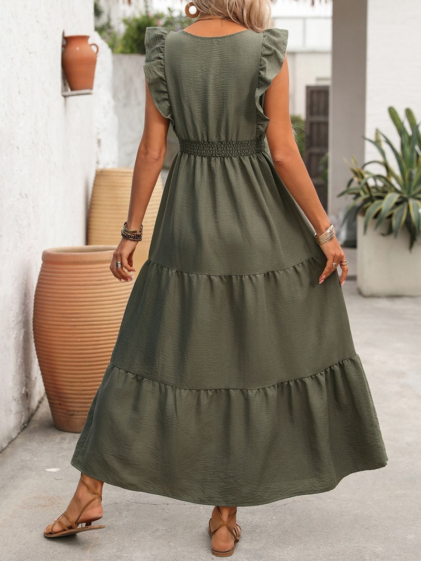 Slit Ruffled V-Neck Tiered Dress