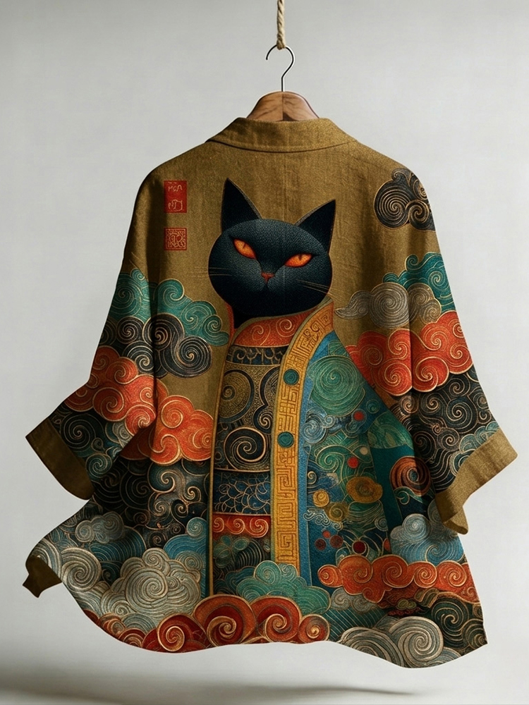 Men's Japanese Cat And Auspicious Cloud Print Linen Kimono Cardigan