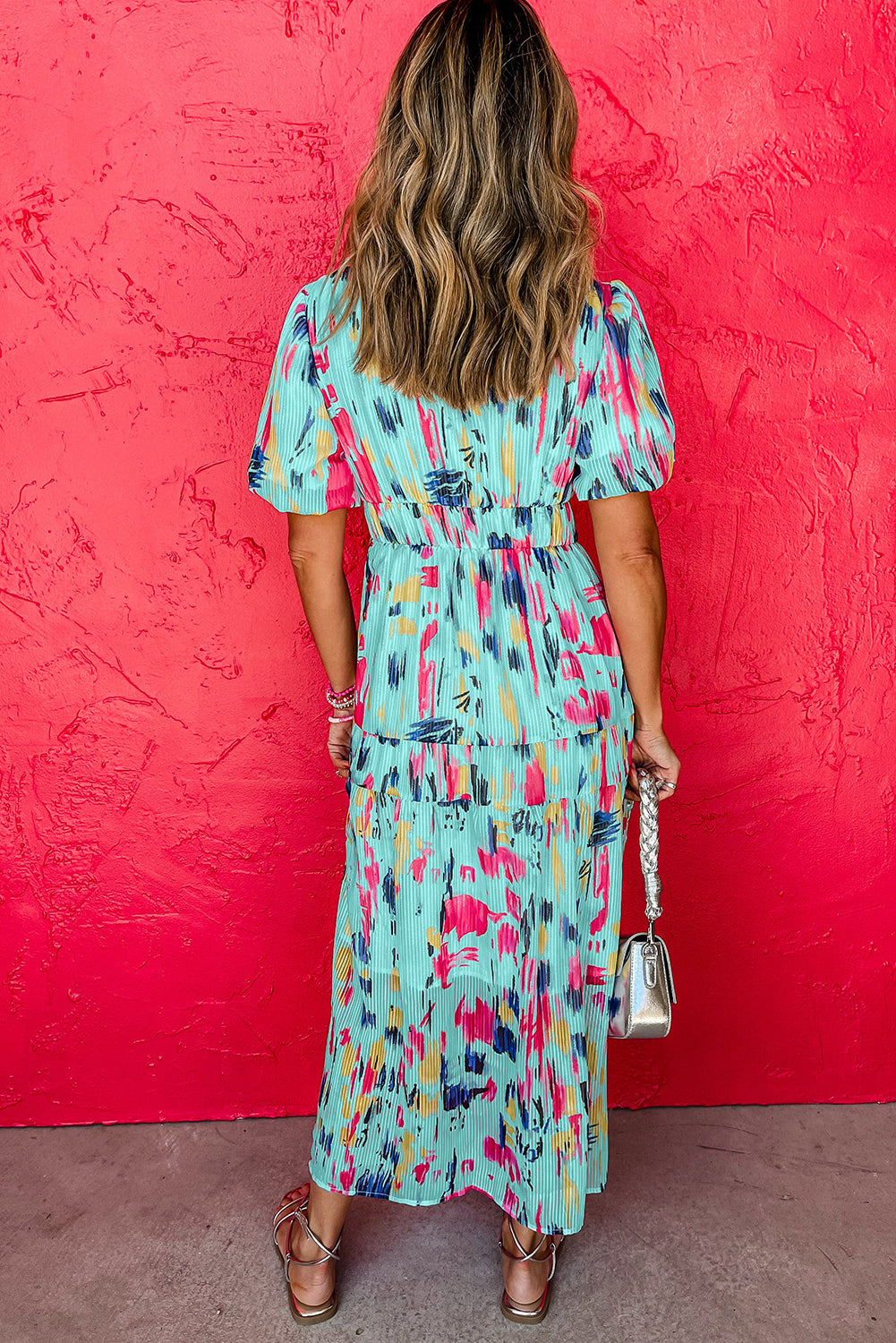 Rose Abstract Print Short Puff Sleeve Tiered Maxi Dress