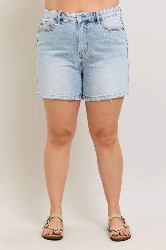 Frayed Hem High Rise Denim Shorts with Pockets