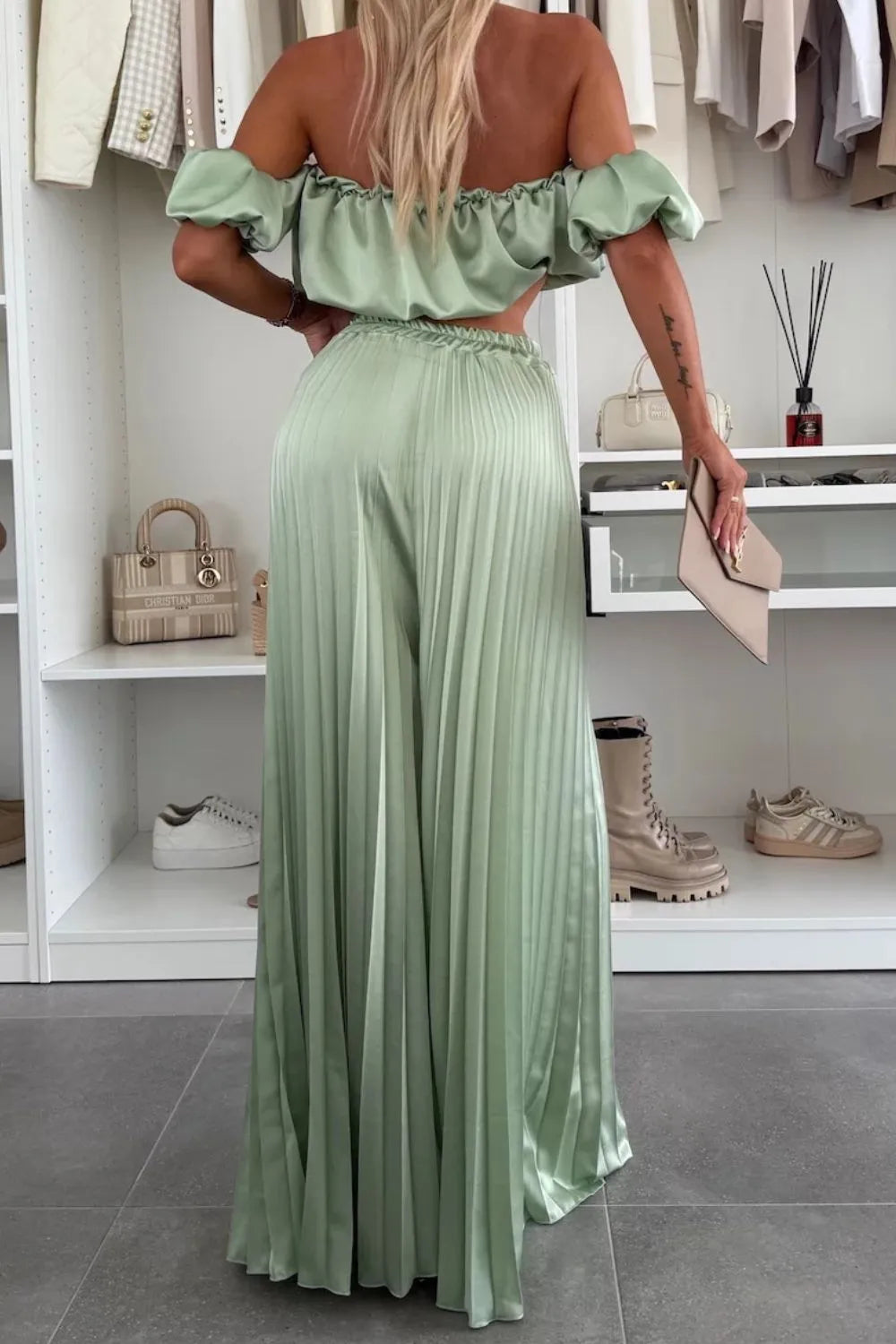 Off-Shoulder Top and Pleated Pants Set