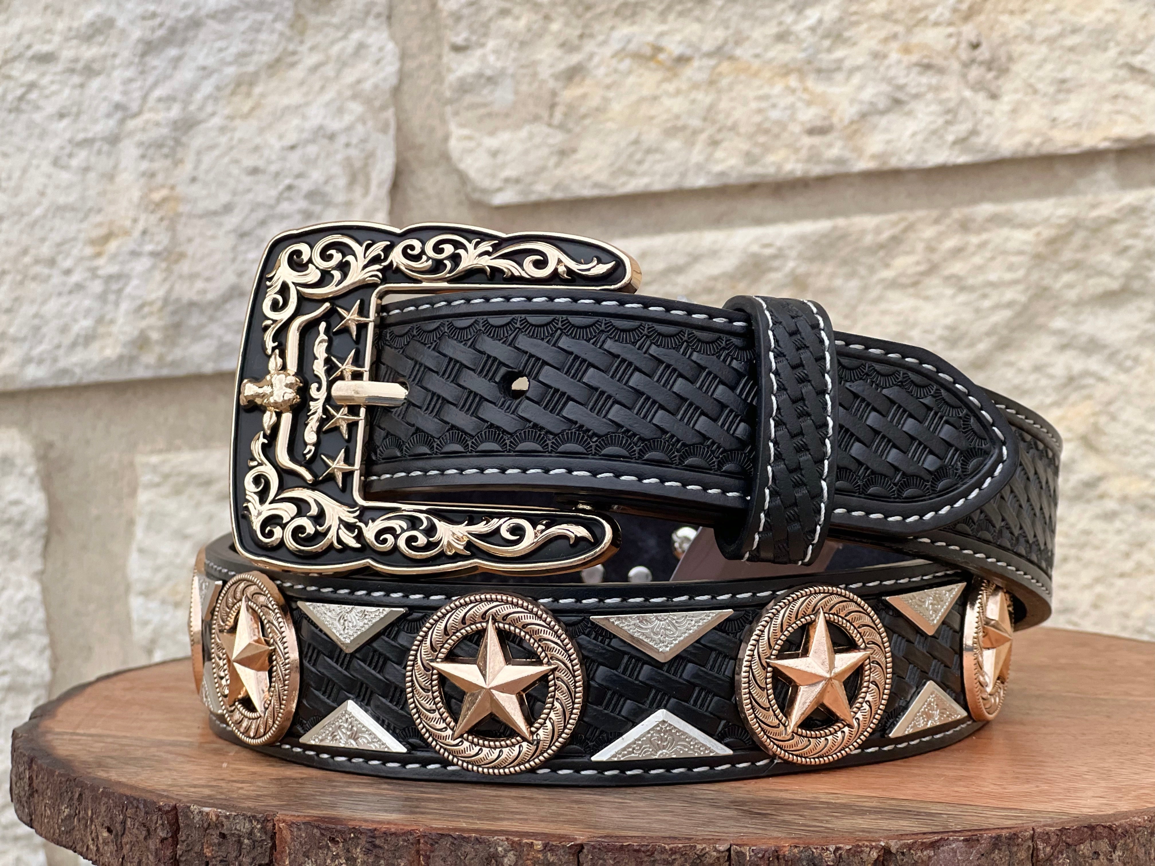 Men’s Black Leather Belt With Star Concho