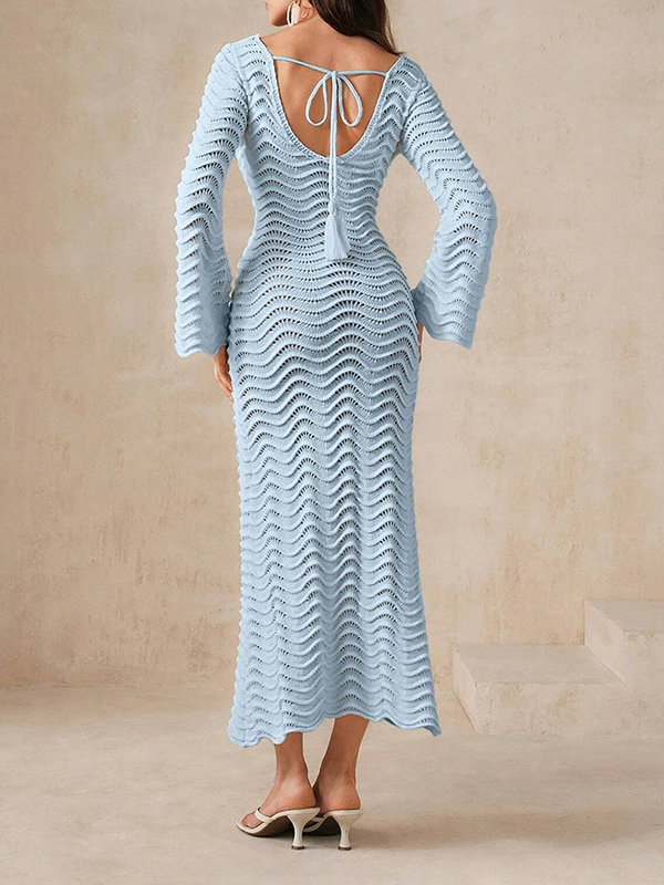 Solid Color Long Sleeves Hollow Vacation Cover-Up Dresses