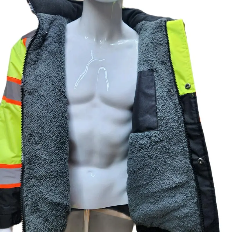 High Visibility Water Resistant Bomber Safety Jacket with Hoodie / Reflective Safety Sherpa Insulated Jacket