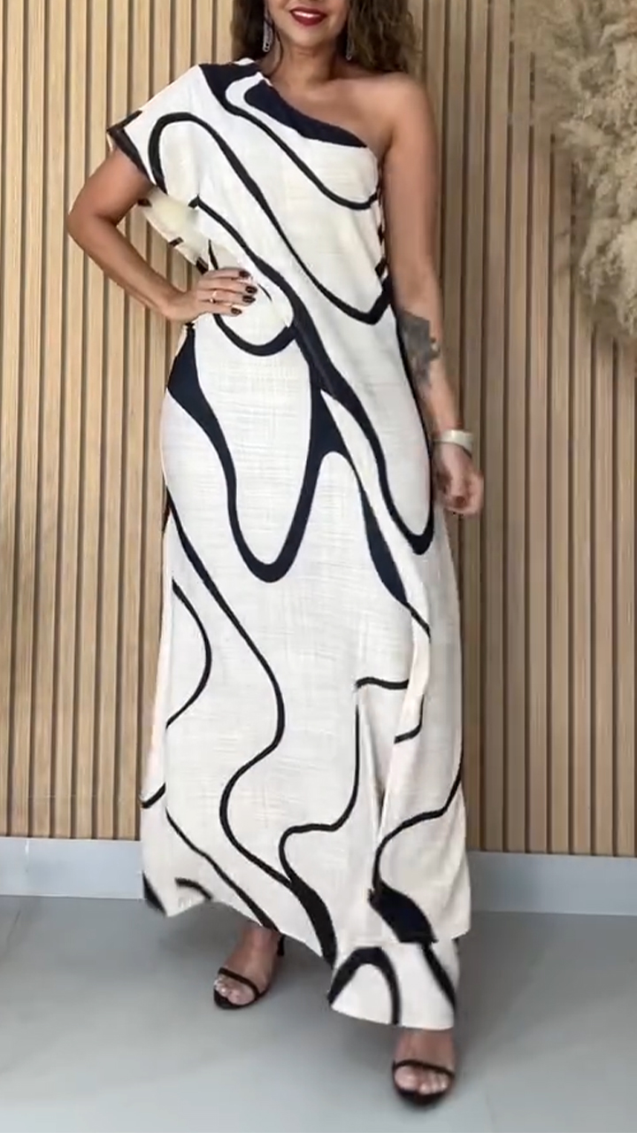 Womens Diagonal Collar Printed Casual Dress