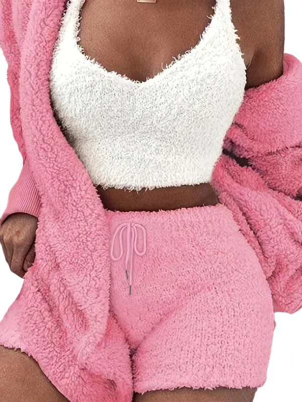 Women's Solid Color Plush Three-piece Pyjama Set