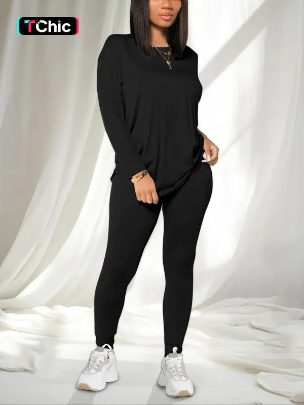 Women’s Two-Piece Set – Long Sleeve Tee & Elastic Waist Pants, Casual Outfit for Daily Wear