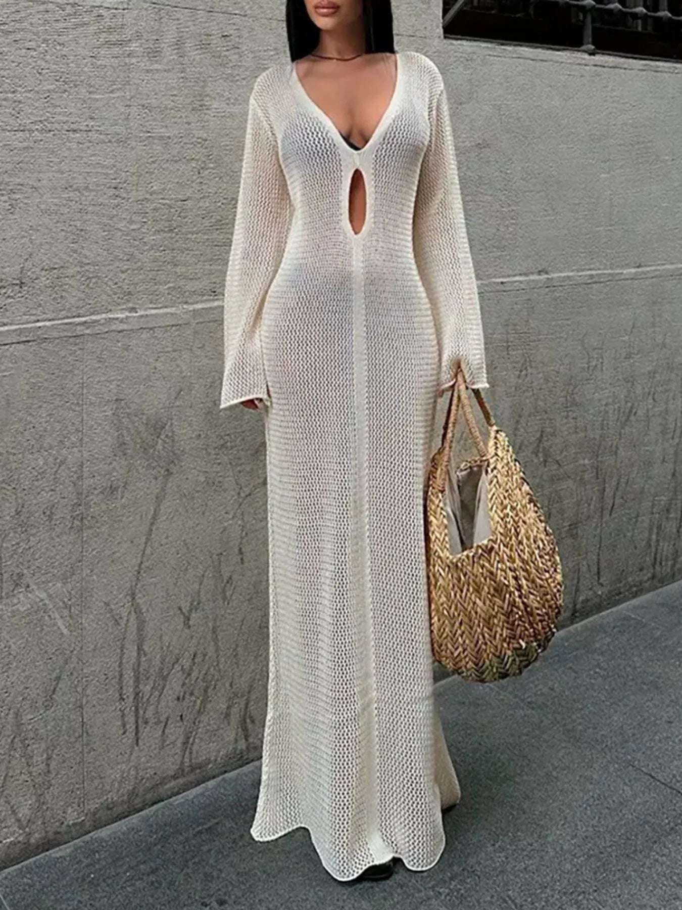 Cutout Long Sleeve Knit Cover-Up Maxi Dress