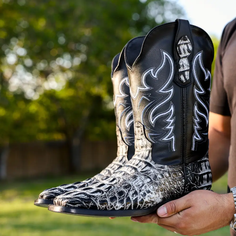 Eclipse Caiman Neck Leather Boots - Square Toe