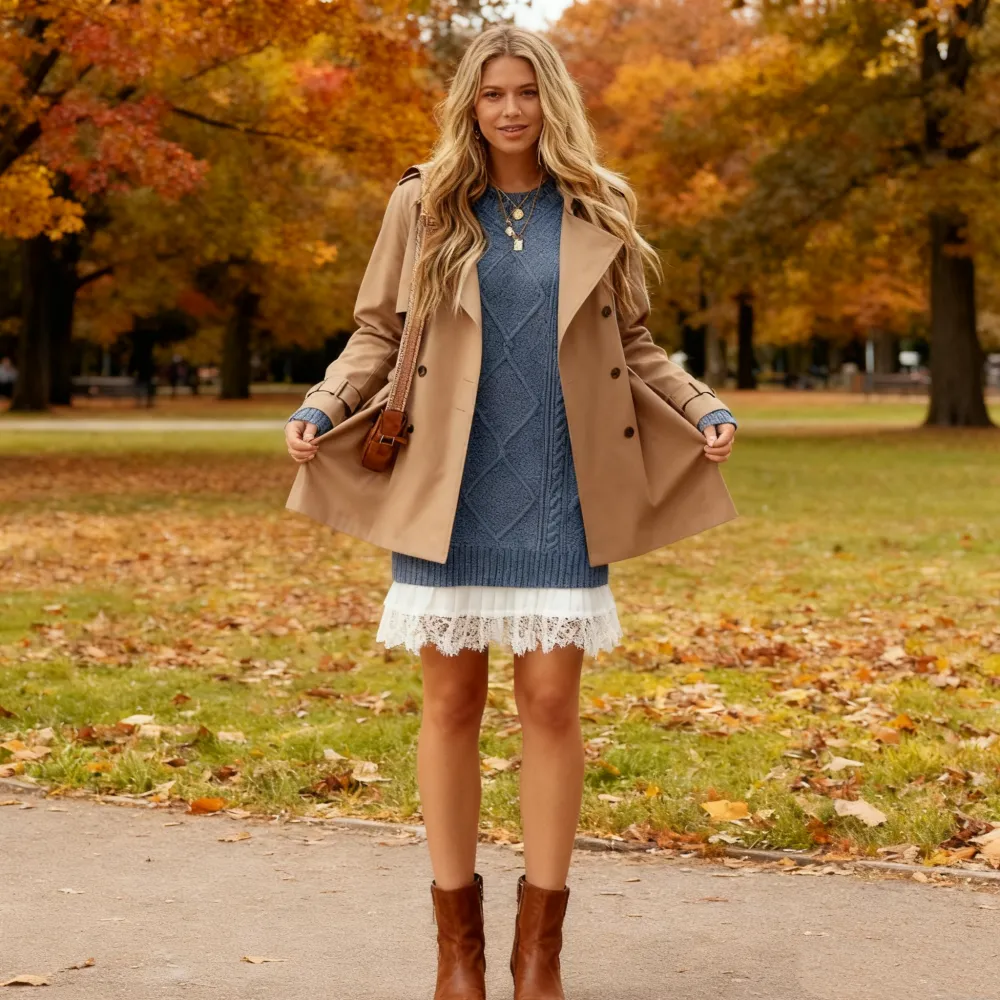 2025 Women's Cable Knit Lace Mini Sweater Dress 2PC