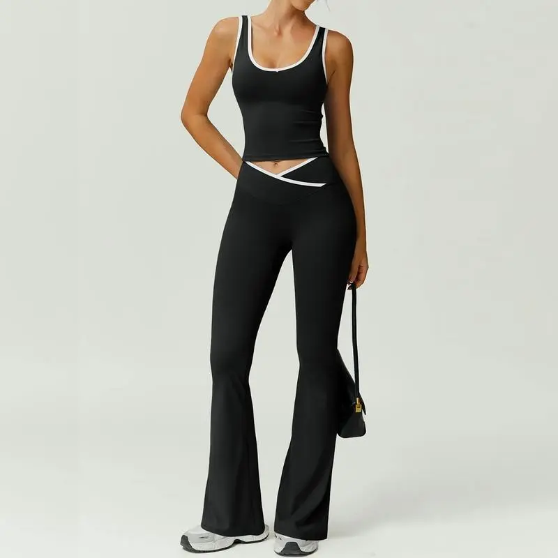 Womens Colorblock Tank Top & Flare Leg Pants Tracksuit Set