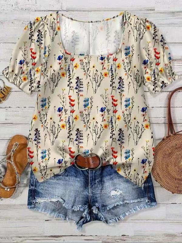 Puff Sleeve Loose Square Neck Floral Elegant T-Shirt